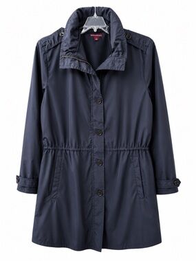 Women’s Blue Hooded Raincoat Plus Size 3X, Longer Length, Zip & Button Close